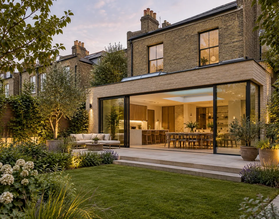 AI-generated concept of a London brick home with a glazed rear extension and landscaped garden