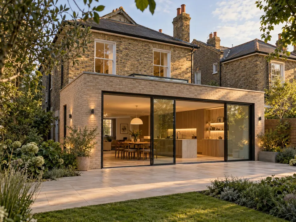 AI-generated concept of a London brick home with a glazed rear extension and landscaped garden